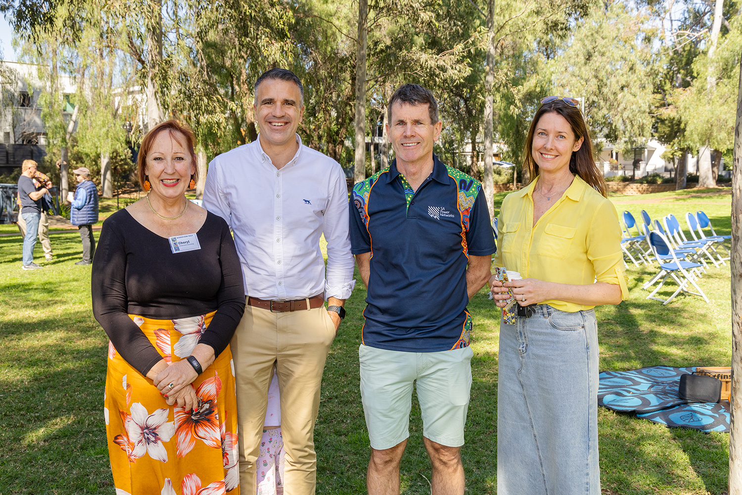 Cheryl Jaeschke, Coordinator Hindmarsh Greening with Peter Malinauskas Premier of SA, Andrew Bills CEO SA Power Networks and Bridget Alfred CEO SALA Festival at the launch of Bowden Bird Walk Art Trail.